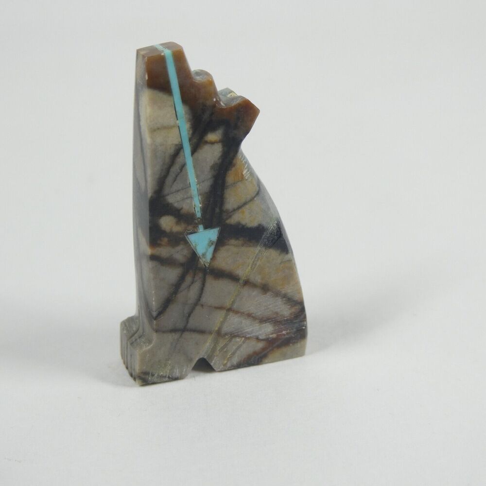 Coyote Wolf Howling Figurine Marble Turquoise Heartline Carved Zuni Fetish Vtg